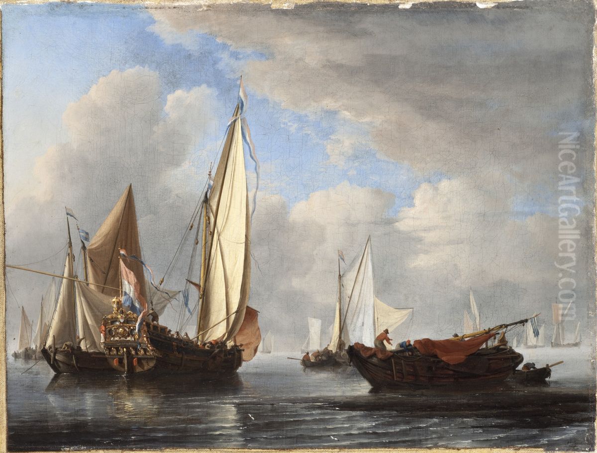 A Yacht and Other Vessels in a Calm Oil Painting by Willem van de Velde the Younger