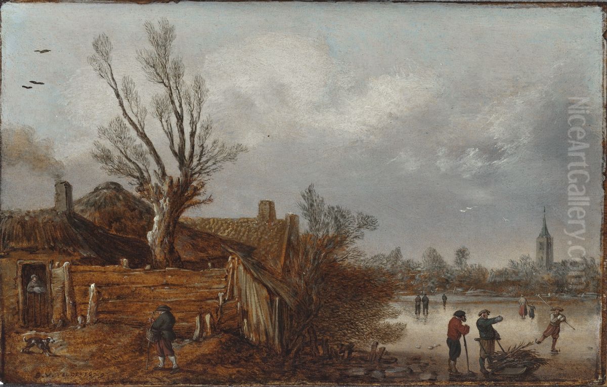 Cottages and Frozen River Oil Painting by Esaias Van De Velde