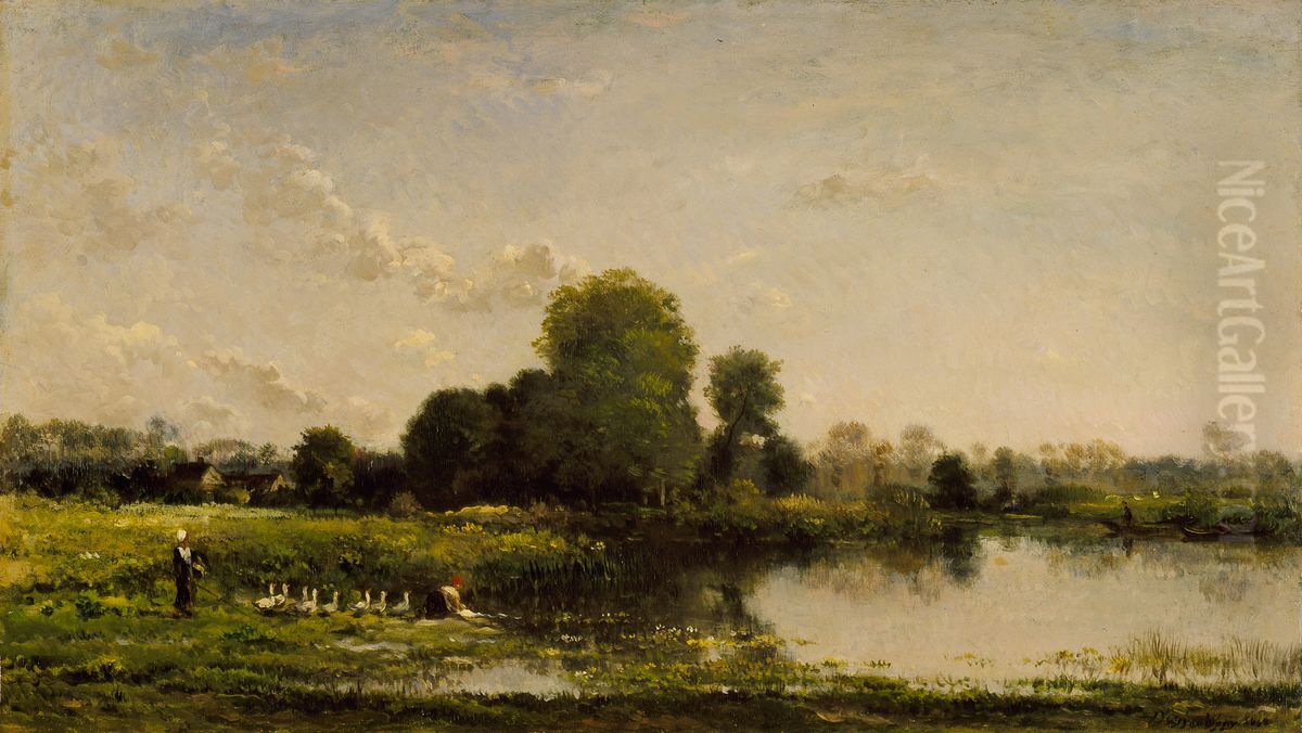 Banque de riviere avec la volaille Oil Painting by Charles-Francois Daubigny