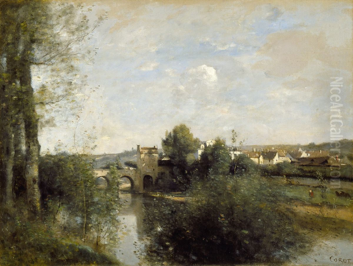 Seine and Old Bridge at Limay Oil Painting by Jean-Baptiste Camille Corot