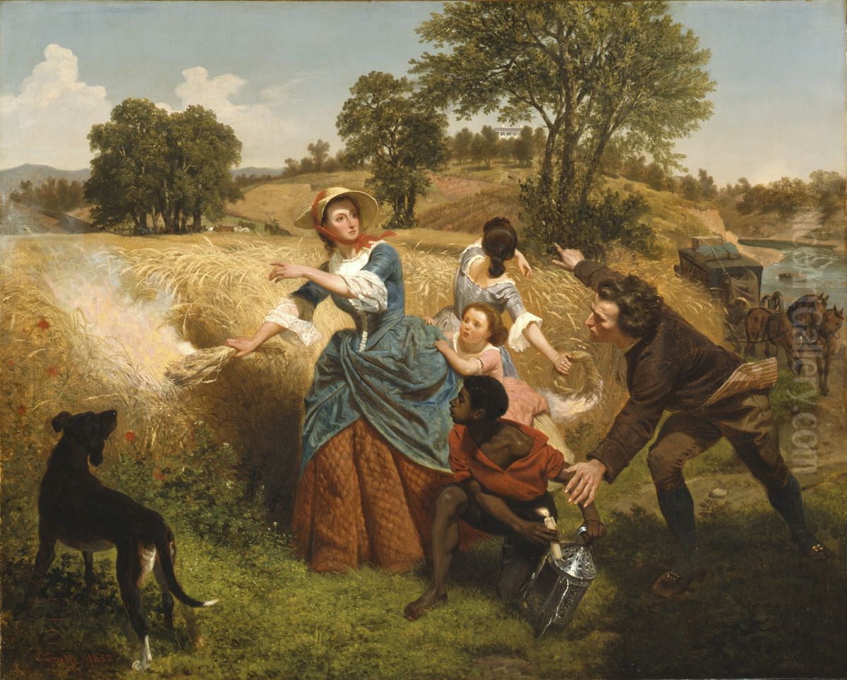 Mrs. Schuyler Burning Her Wheat Fields on the Approach of the British Oil Painting by Emanuel Leutze