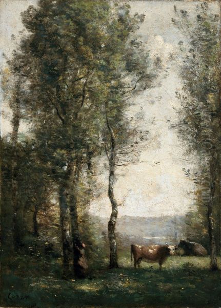 Paysage boise avec des vaches dans une clairiere Oil Painting by Jean-Baptiste Camille Corot