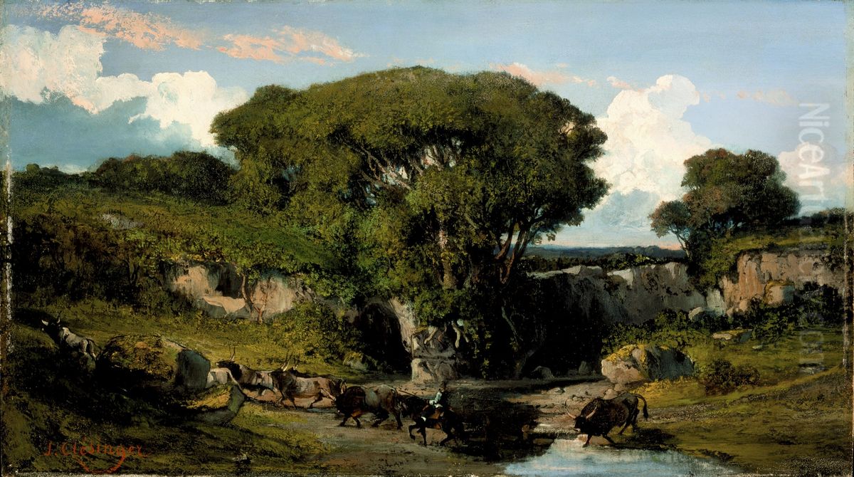 Mounted Herdsmen and Bulls in the Roman Countryside Oil Painting by Auguste Clesinger