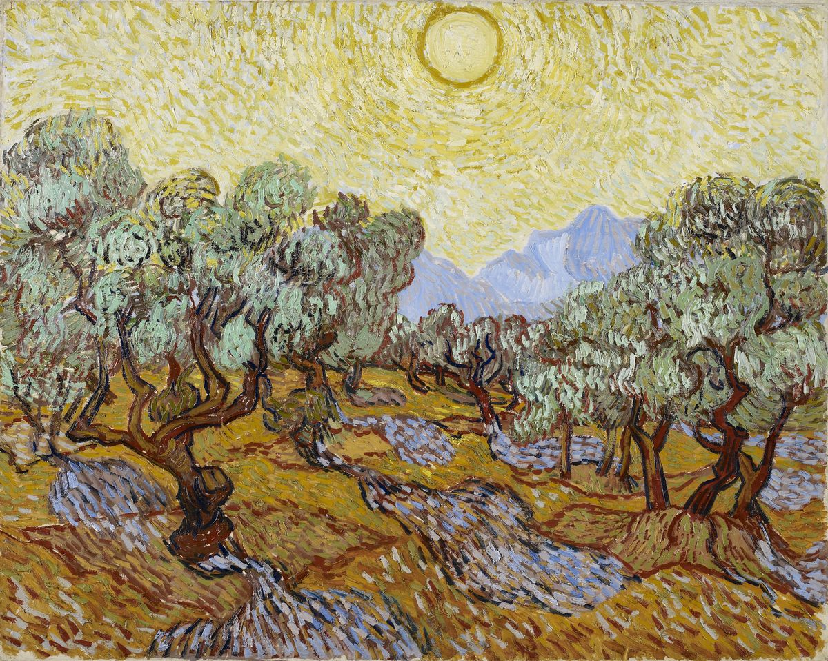 Olive Trees / Olive Trees with yellow sky and sun Oil Painting by Vincent Van Gogh
