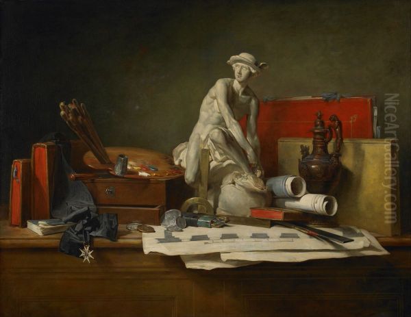 Nature morte aver des attributs des Arts Oil Painting by Jean-Baptiste-Simeon Chardin