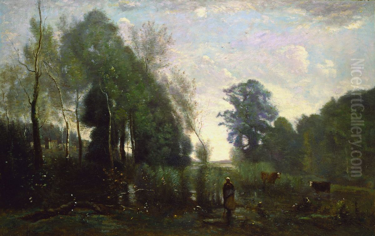Misty Morning Oil Painting by Jean-Baptiste Camille Corot