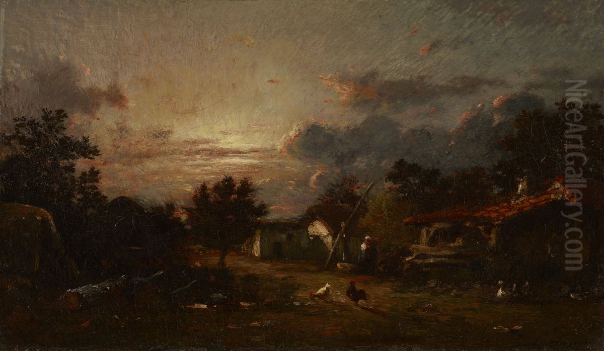 Village Scene, Sunset Oil Painting by Jules Dupre