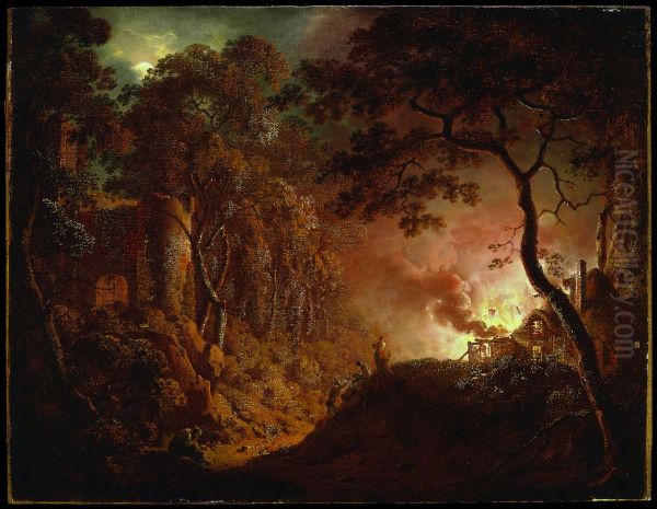 Cottage on Fire Oil Painting by Joseph Wright of Derby