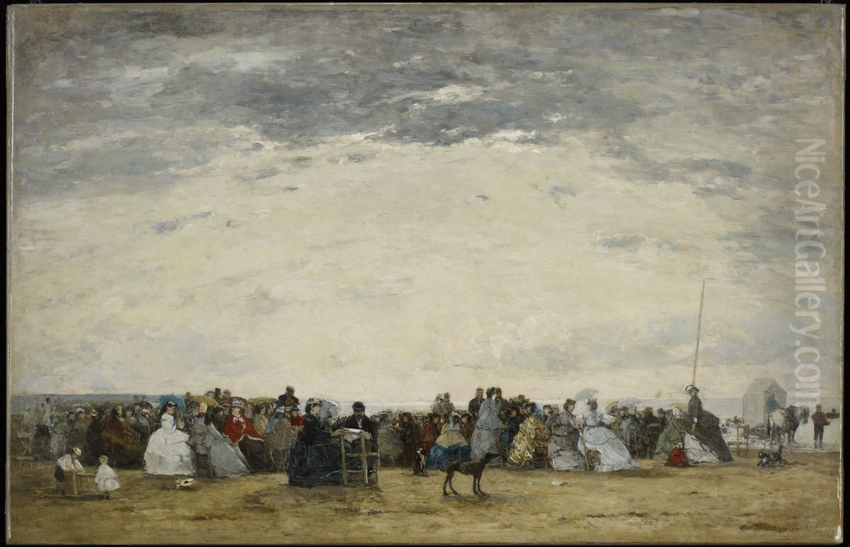 Vacationers on the Beach at Trouville Oil Painting by Eugene Louis Boudin