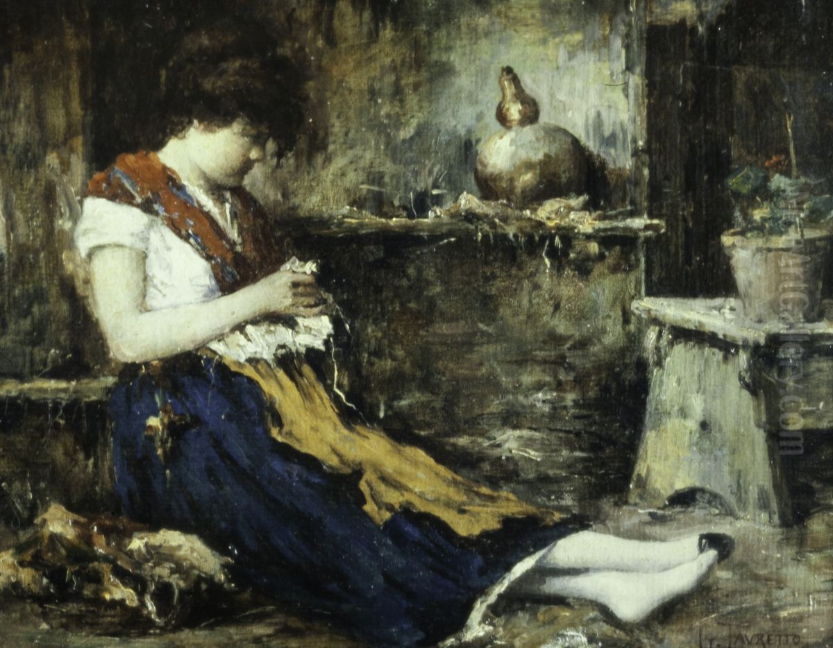 Seated woman, sewing Oil Painting by Giacomo Favretto
