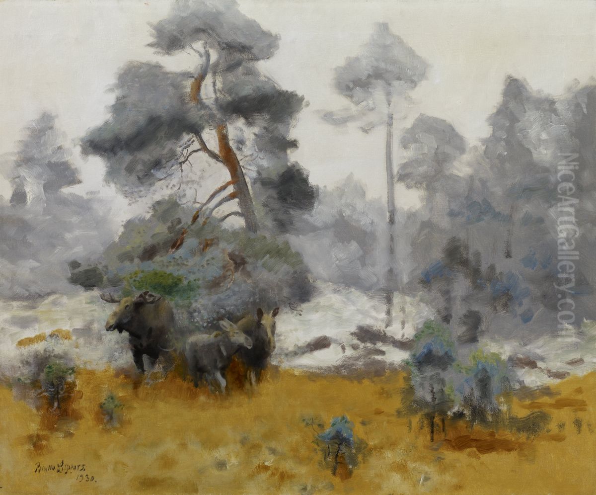 Moose Family Entering a Clearing Oil Painting by Bruno Andreas Liljefors