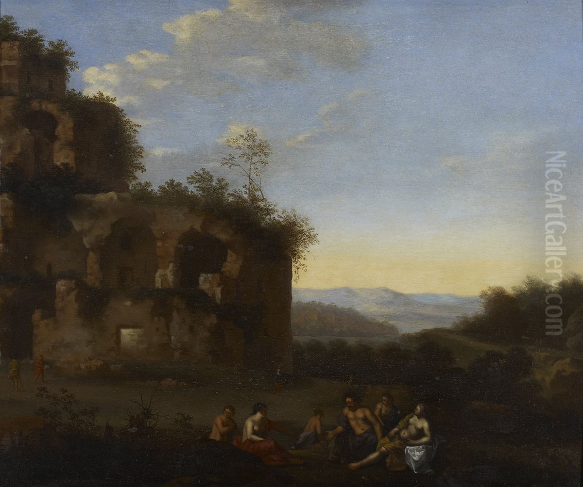 Italian Landscape with Figures Oil Painting by Johannes van Haensbergen