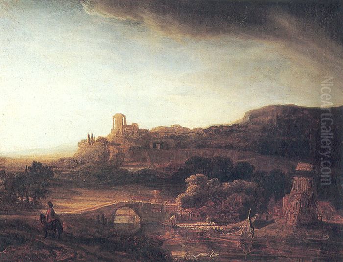 River Landscape with a Windmill Oil Painting by Rembrandt River Landscape with a Windmill Oil Painting by Rembrandt