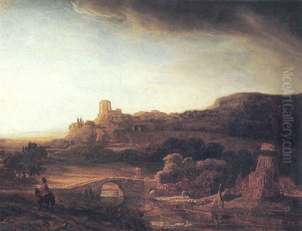 River Landscape with a Windmill Oil Painting by Rembrandt