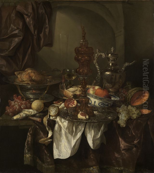Still life with fruit, roast, silver- and glassware, porcelain and columbine cup on a dark tablecloth with white serviette. Oil Painting by Abraham Van Beijeren