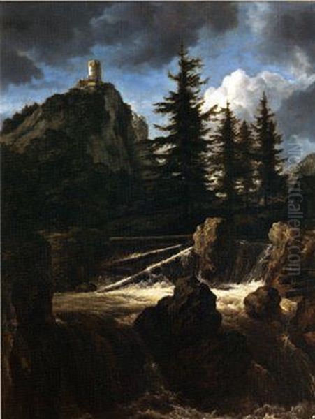 Castle on a Mountain with a Waterfall and Pine trees Oil Painting by Jacob Van Ruisdael