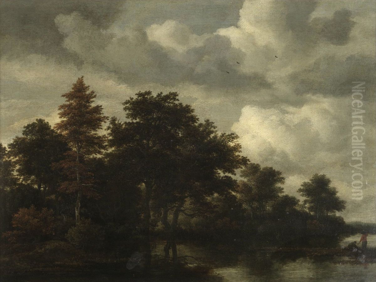 A Woodland landscape with figures by a river Oil Painting by Jacob Van Ruisdael