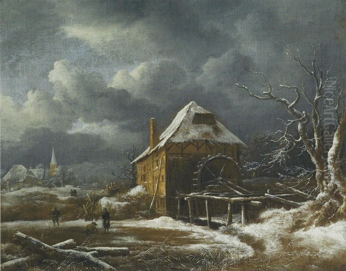 Winter Landscape with a Watermill Oil Painting by Jacob Van Ruisdael