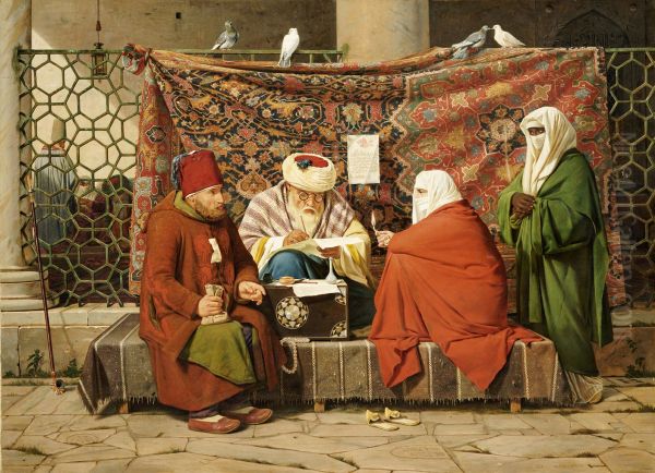 A Turkish notary drawing up a marriage contract in front of the Kilic Ali Pasha Mosque, Tophane, Constantinople Oil Painting by Martinus Rorbye