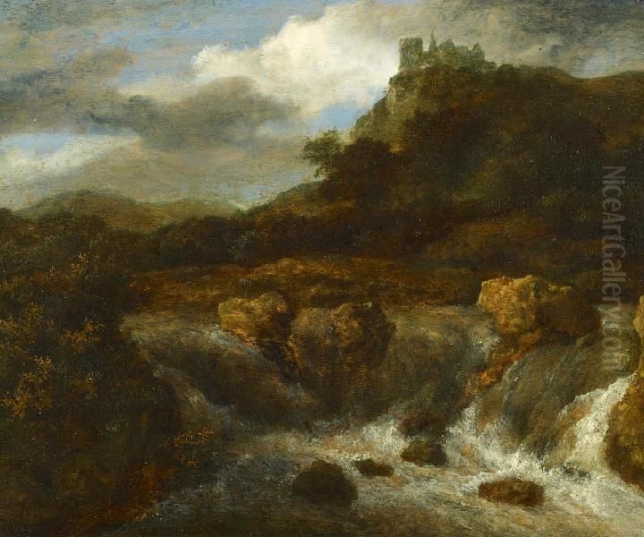 Mountainous landscape with a waterfall, in the background on the right Bentheim castle Oil Painting by Jacob Van Ruisdael