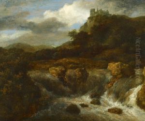 Mountainous landscape with a waterfall, in the background on the right Bentheim castle
