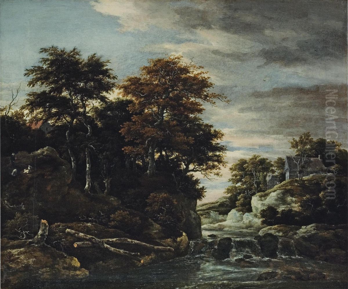 Bebost rivierlandschap met een waterval, een herder met schapen en in de verte enkele huizen Oil Painting by Jacob Van Ruisdael