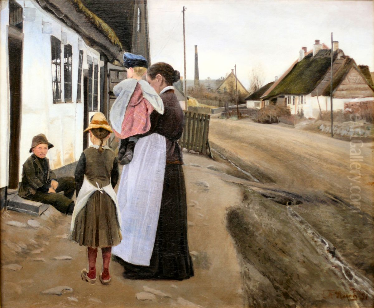 Samtale i landsbygaden, Lille NaestvedellerEn samtale i landsbygadenellerLandsbygade. Lille Naestved Oil Painting by Laurits Andersen Ring