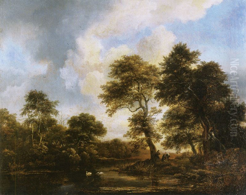 Forest Lake with two Swans Oil Painting by Jacob Van Ruisdael