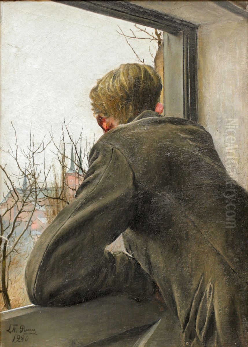 Sonnen Ole kigger ud af vinduet Oil Painting by Laurits Andersen Ring