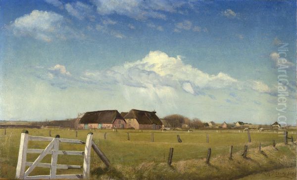 Indhegnede gronninger ved en gard med en storkerede pa taget Oil Painting by Laurits Andersen Ring