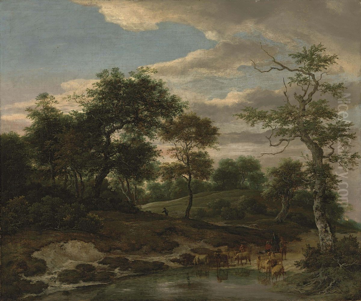 Rolling wooded landscape with cattle on a flooded road Oil Painting by Jacob Van Ruisdael