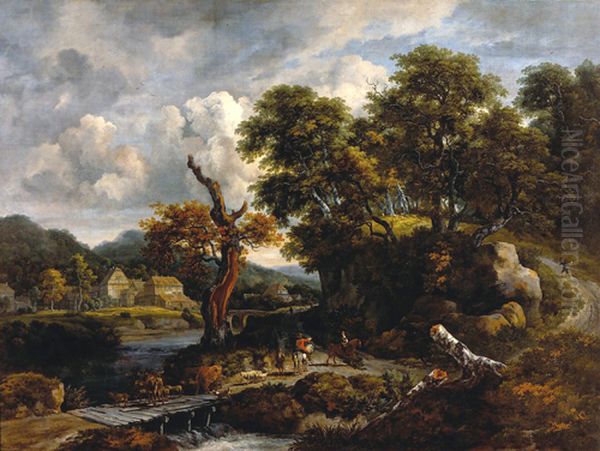 Travellers and shepherds at a crossroads near a dead tree Oil Painting by Jacob Van Ruisdael