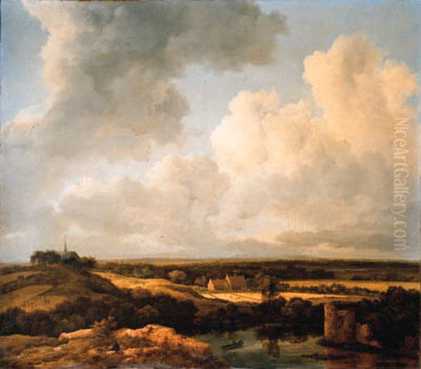 An extensive landscape with an artist sketching by a ruin, a rowboat and cottages with a church beyond Oil Painting by Jacob Van Ruisdael