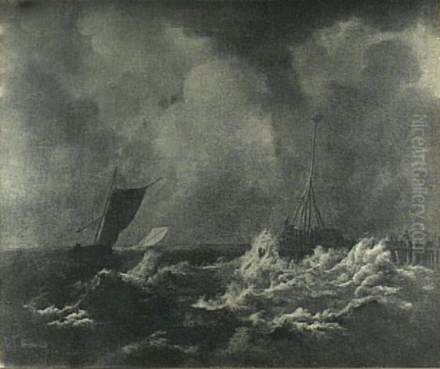 Scheepvaart bij harde wind met rechts een aanlegsteiger met een baken Oil Painting by Jacob Van Ruisdael