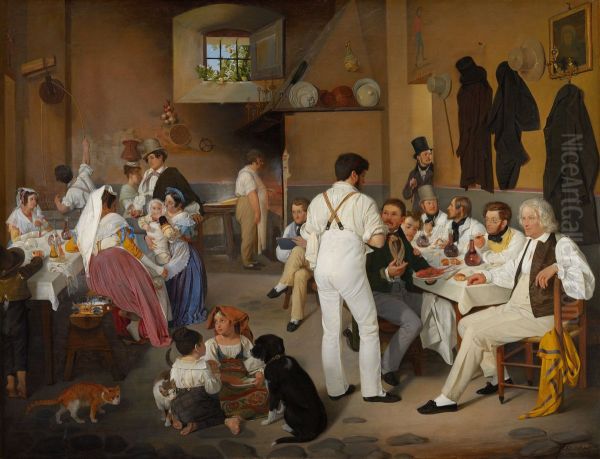 Danske kunstnere i osteriet La Genzola i Rom Oil Painting by Ditlev Blunck