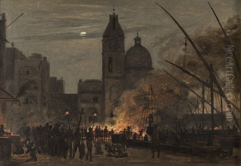A ship on fire in the harbour of the Italian island Procidia Oil Painting by Martinus Rorbye