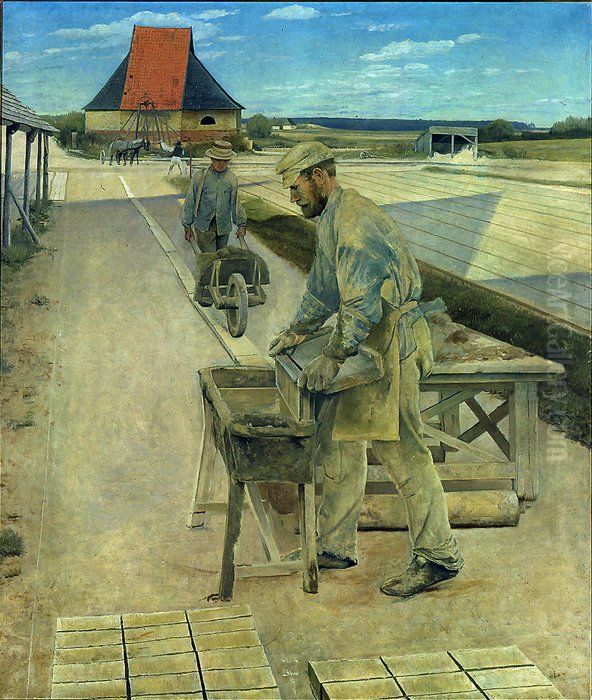Teglvaerksarbejdere. Ladby teglvaerk Oil Painting by Laurits Andersen Ring