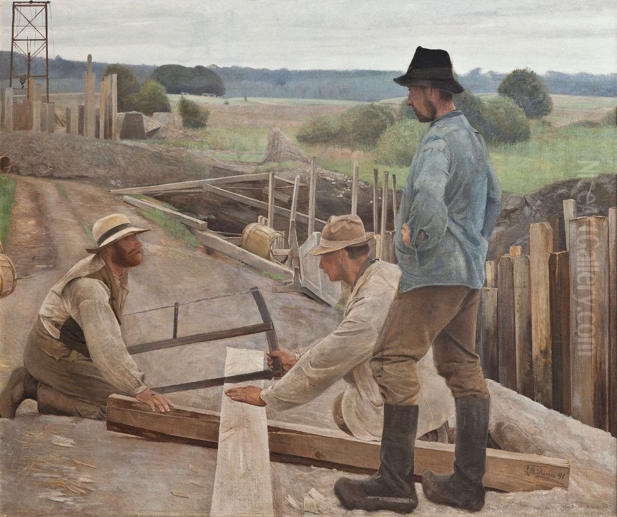Workers at a water pipe at Sonderso Oil Painting by Laurits Andersen Ring
