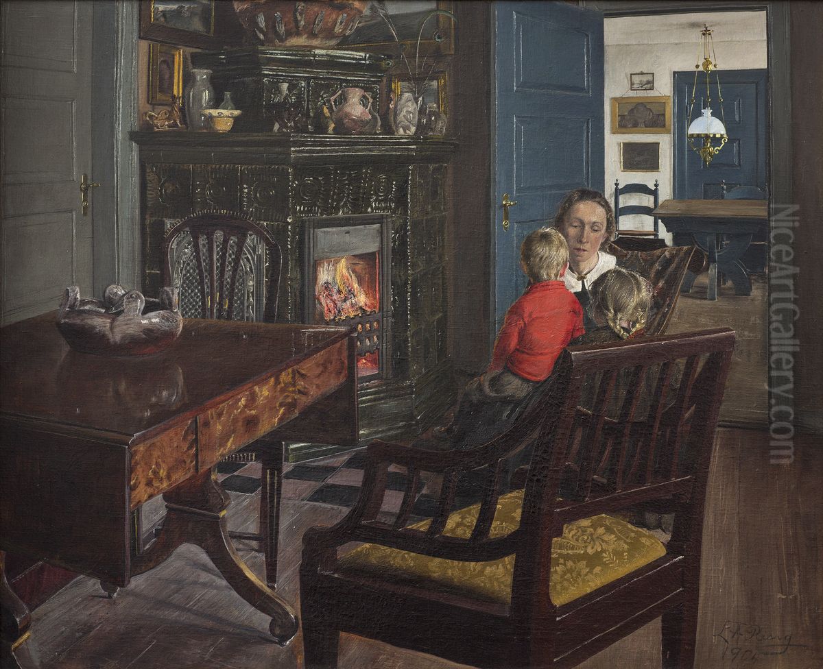 Kunstnerens hustru og born Oil Painting by Laurits Andersen Ring
