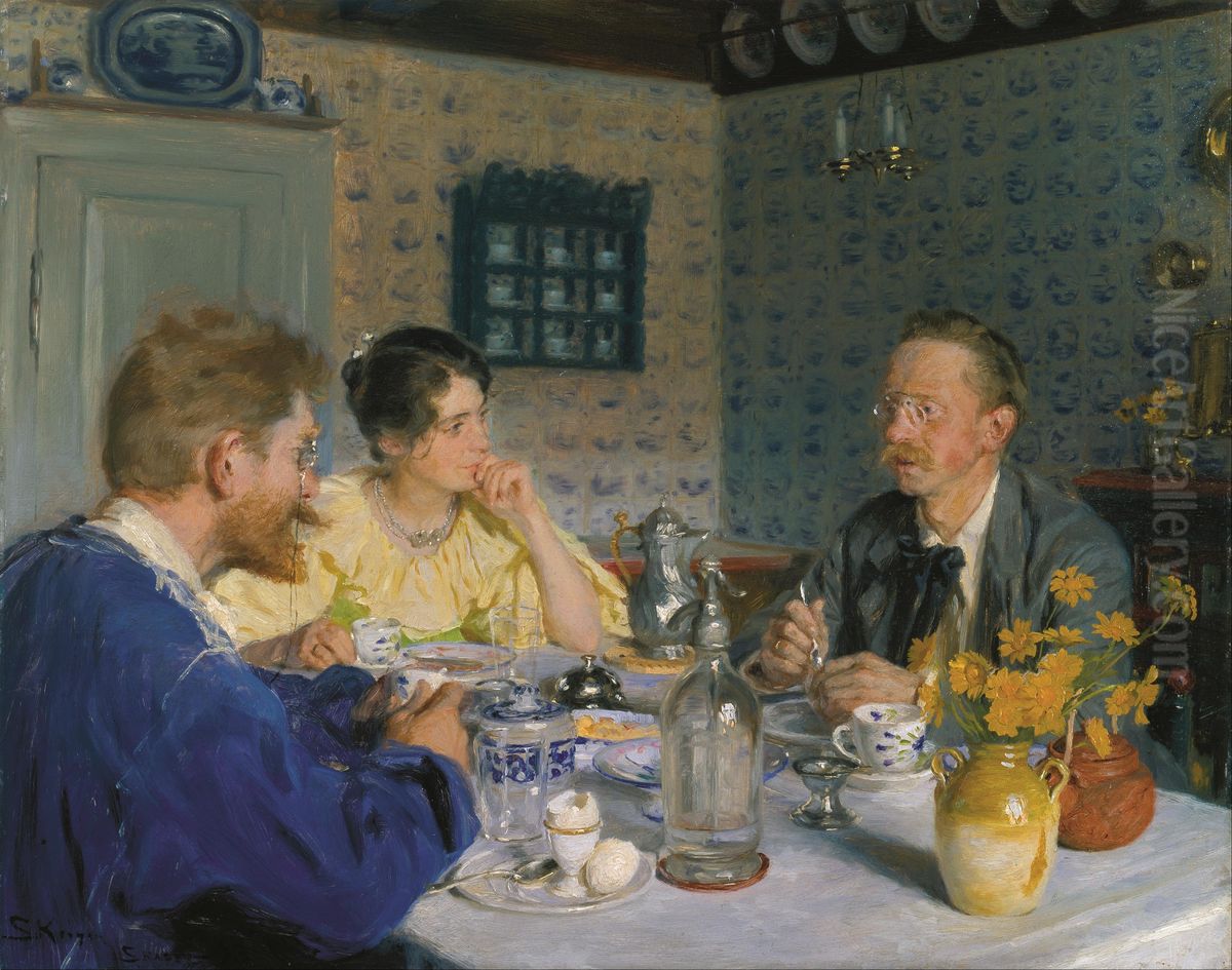 A breakfast. The artist, his wife and the writer Otto Benzon. Oil Painting by Peder Severin Kroyer