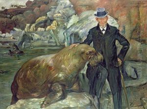 Portrat Carl Hagenbeck mit dem Walross Pallas