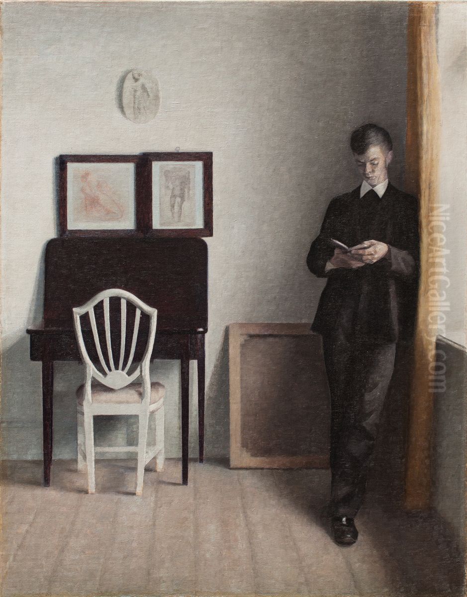 Interior with Young Man Reading Oil Painting by Vilhelm Hammershoi