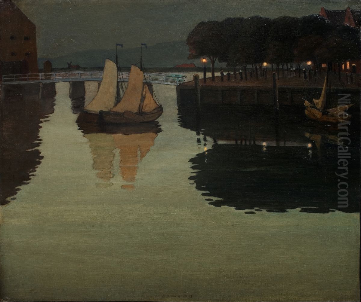 Quiet Evening in the Harbor at Hoorn Oil Painting by Johan Rohde