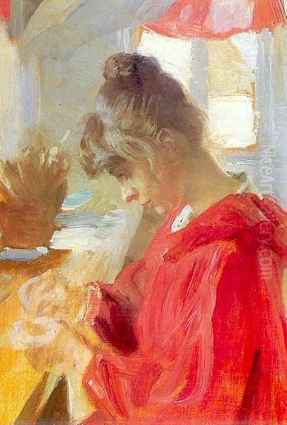 Marie sits at a table sewing Oil Painting by Peder Severin Kroyer