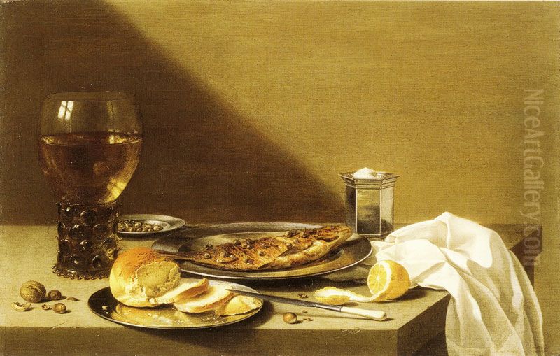 Still Life with Walnut, Bread, and Herring with Silver Salt Cellar and Glass of Wine Oil Painting by Pieter Claesz