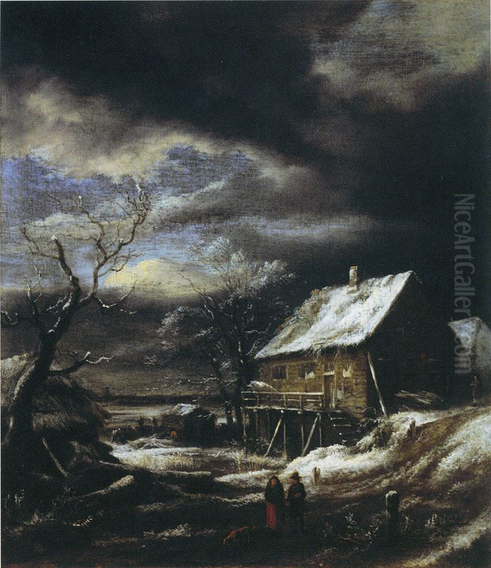 Winterlandschap met houten huis Oil Painting by Jacob Van Ruisdael