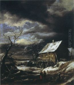 Winterlandschap met houten huis