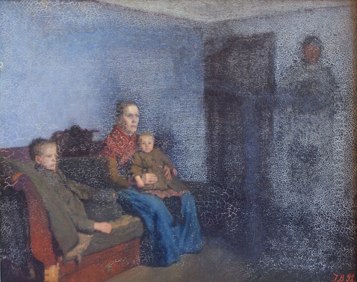 Sult. Interior med en siddende kone og to born Oil Painting by Jens Birkholm