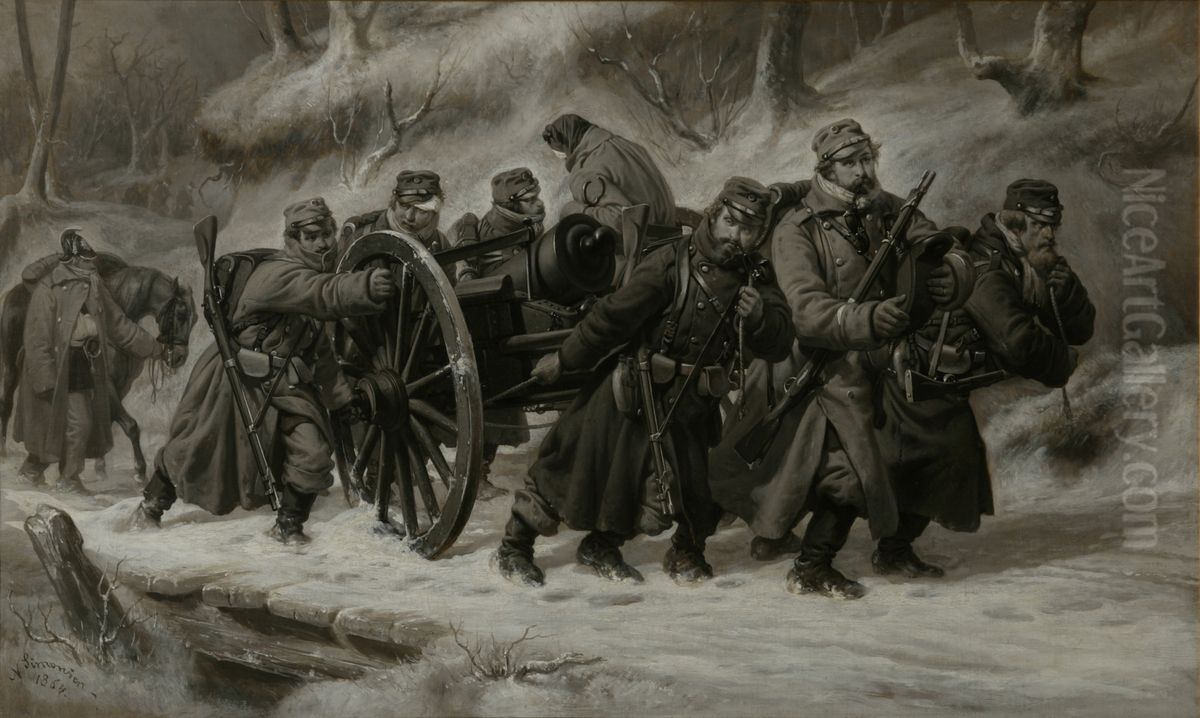 Tilbagetoget fra Dannevirke 1864 Oil Painting by Niels Simonsen