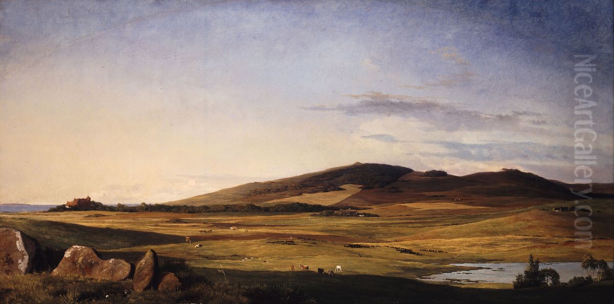 Zealand Landscape. View from Bjerreso Mark towards Vejrhoj and Dragsholm Manor Oil Painting by Johan Lundbye